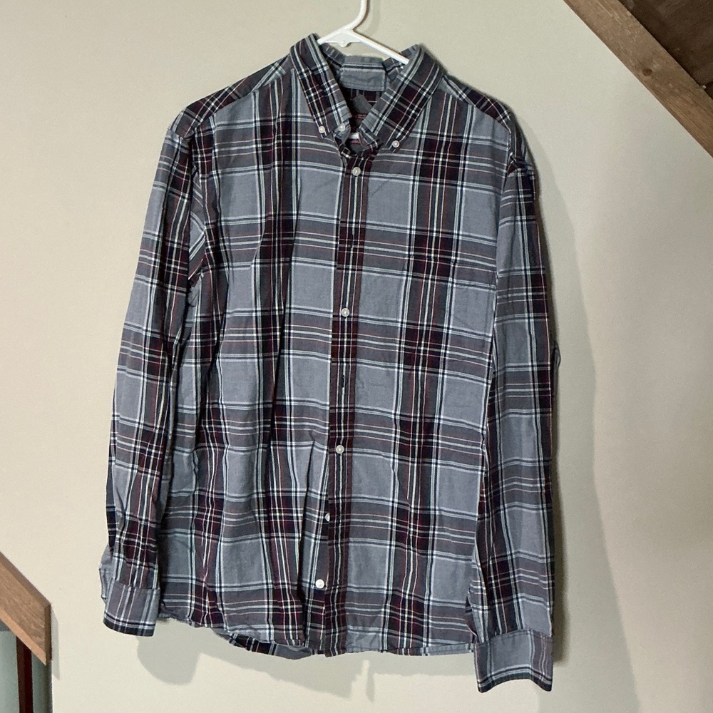 Merona Men's Plaid Shirt in Gray and Burgundy